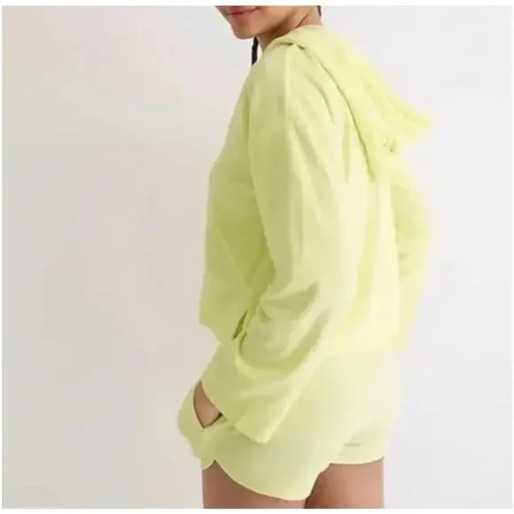J. Crew Towel Terry V-neck Hoodie Set‎ Neon Yellow Women’s Medium Cozy Beachy - Picture 2 of 11